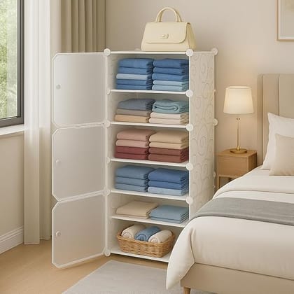 Portable Wardrobe Organizer Rack for Clothes Storage | Foldable DIY Plastic Cupboard with 3 Doors | Multipurpose Almirah for Bedroom, Living Room & Kids Room - White