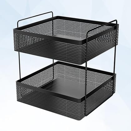 2-Tier Metal Square Kitchen Rack Stand Organiser | Countertop Organizer Kitchen Bathroom Standing Rack | Spice, Oil, Masala, Cosmetics & Bathroom Vanity Storage Rack Shelf | Black
