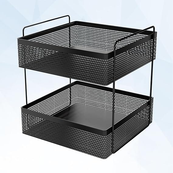 2-Tier Metal Square Kitchen Rack Stand Organiser | Countertop Organizer Kitchen Bathroom Standing Rack | Spice, Oil, Masala, Cosmetics & Bathroom Vanity Storage Rack Shelf | Black