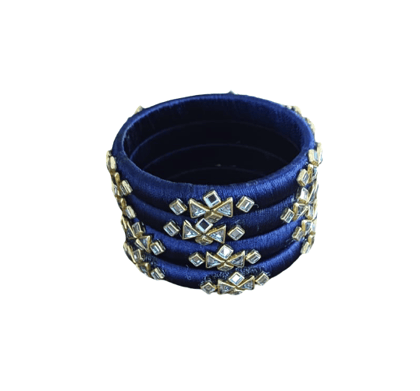 Dark Blue Thread Kundan Embellished Bangle Set for Women