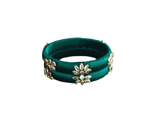 Emerald Green Silk Thread Bangles with Kundan Stone Embellishments