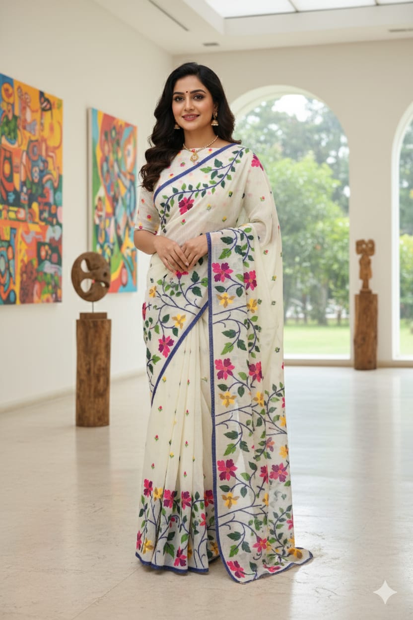 Off-White Soft Material Cotton Jamdani Saree