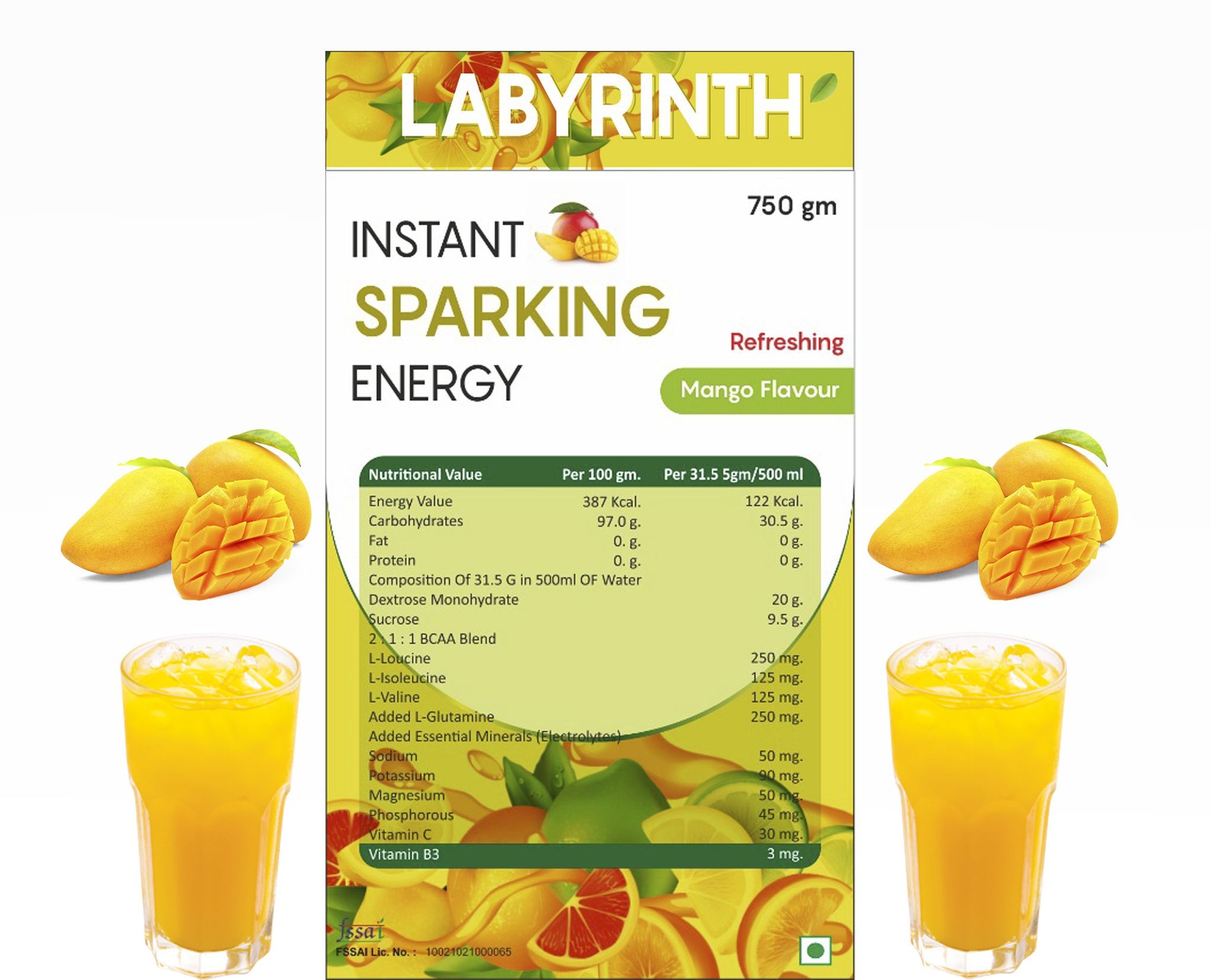 Labyrinth Instant Sparking Energy Booster Drink Mix - Mango Flavour 750g