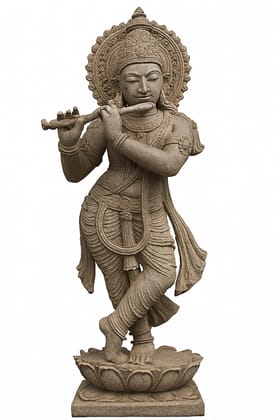 Hand-Carved Stone Lord Krishna Flute Statue Murti