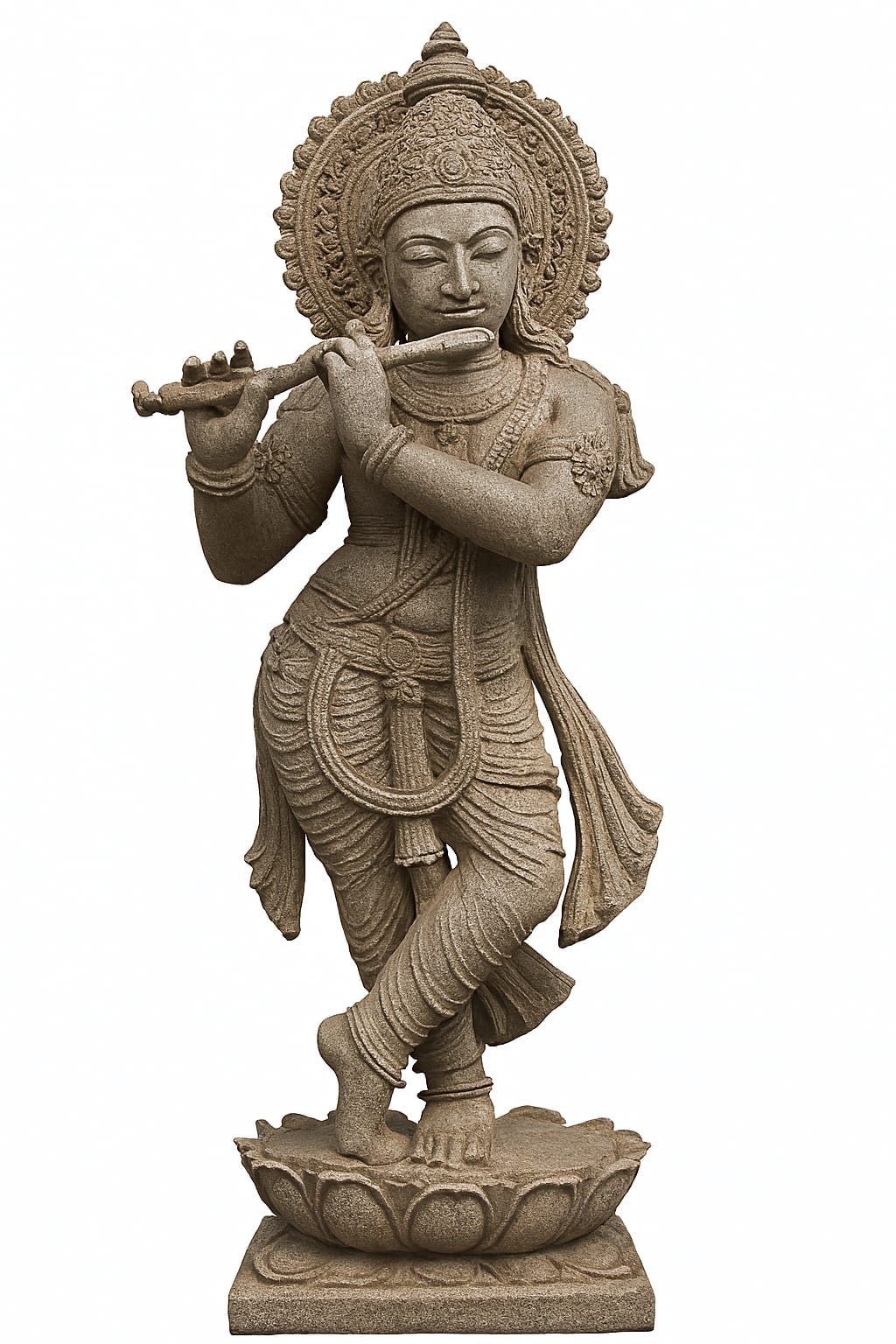 Hand-Carved Stone Lord Krishna Flute Statue Murti