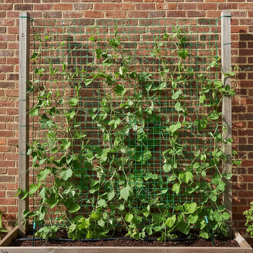 Vertical Garden Trellis with Growing Pea Plants - Raised Bed Support