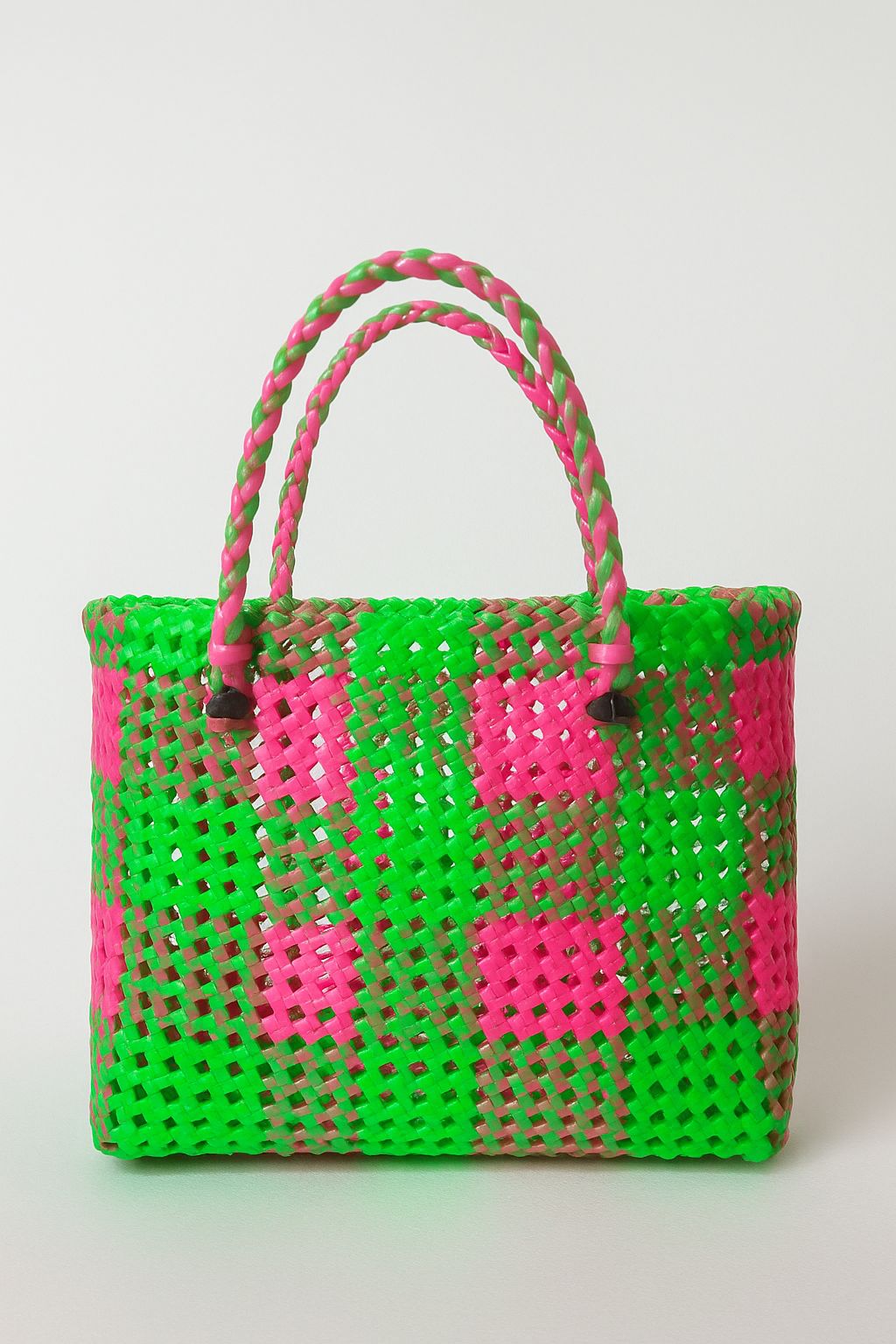 Vibrant Pink Green Handwoven Plastic Wire Basket Bag
