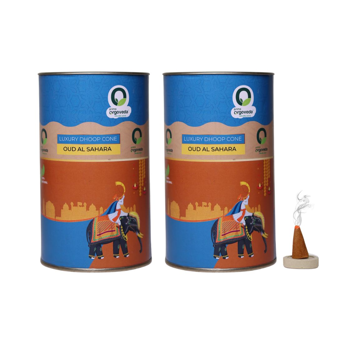 Prime Orgoveda Oud Al Sahara Dhoop Cones (Pack of 2) | 100% Natural & Organic | Charcoal-Free, Bamboo-Free, Handcrafted Long-Lasting Dhoop batti (80 Organic Dhoop Cones)