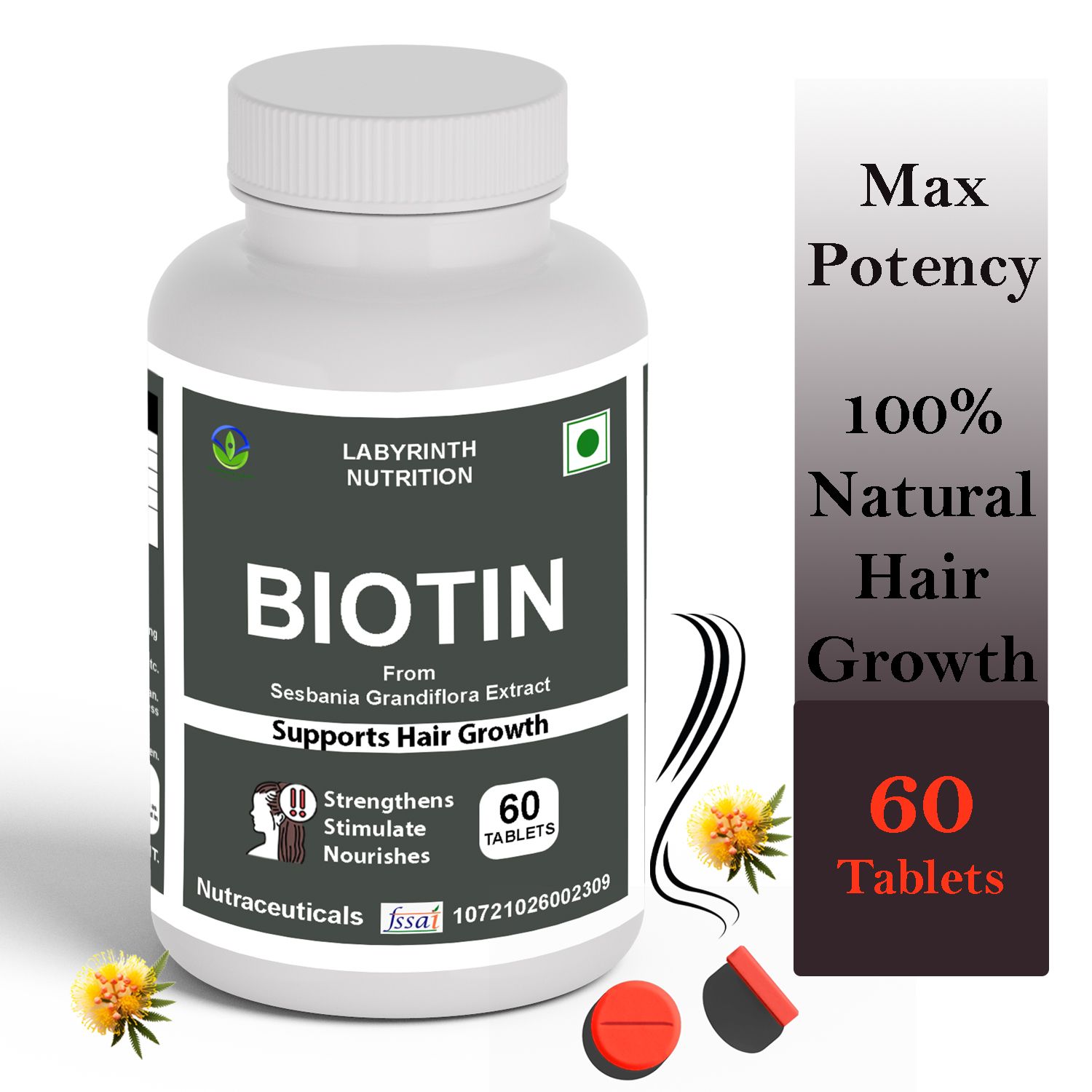 LABYRINTH NUTRITION Biotin from Sesbania Grandiflora Extract - Supports Hair Growth - 60 Tablets