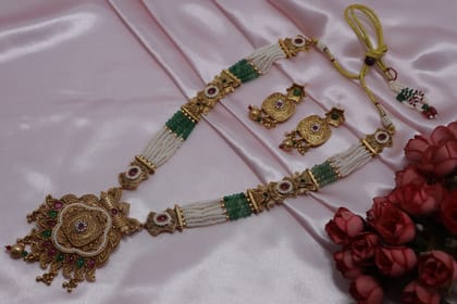 Traditional Gold Plated Pearl & Stone Choker Necklace Set with Earrings