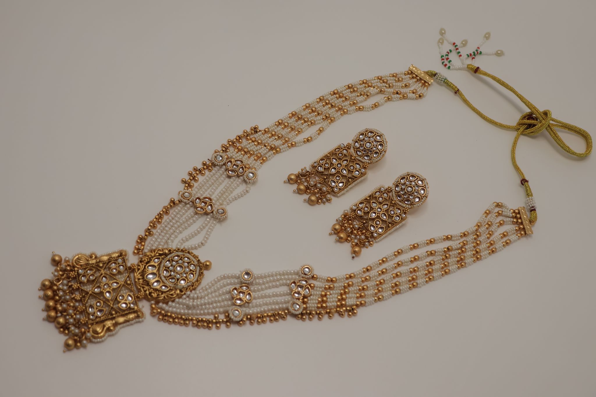 Traditional Gold Plated Kundan Pearl Multilayered Necklace Set with Earrings