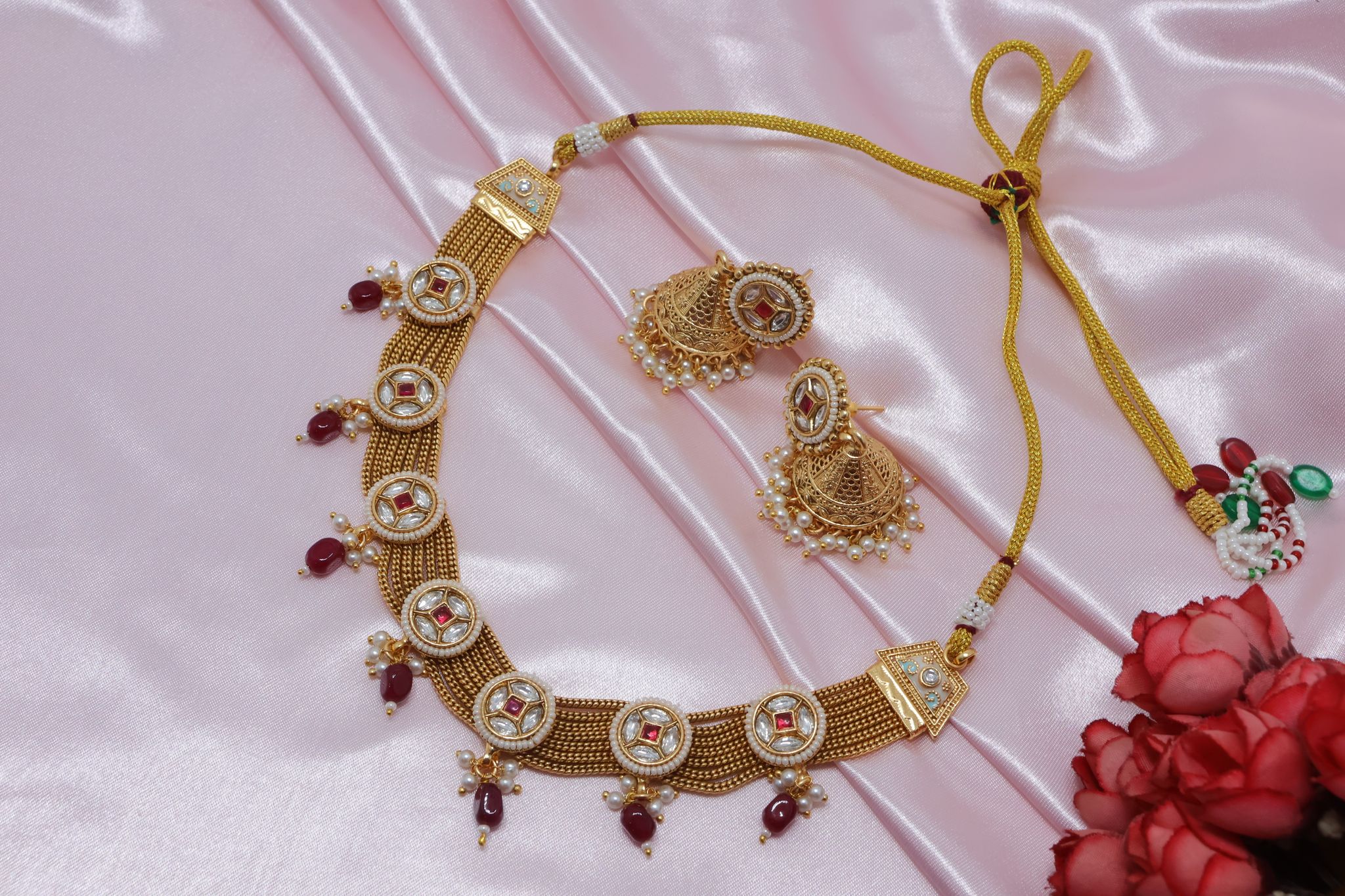 Ethnic Gold Plated Choker Necklace & Jhumka Earring Set with Red Stones & Pearls