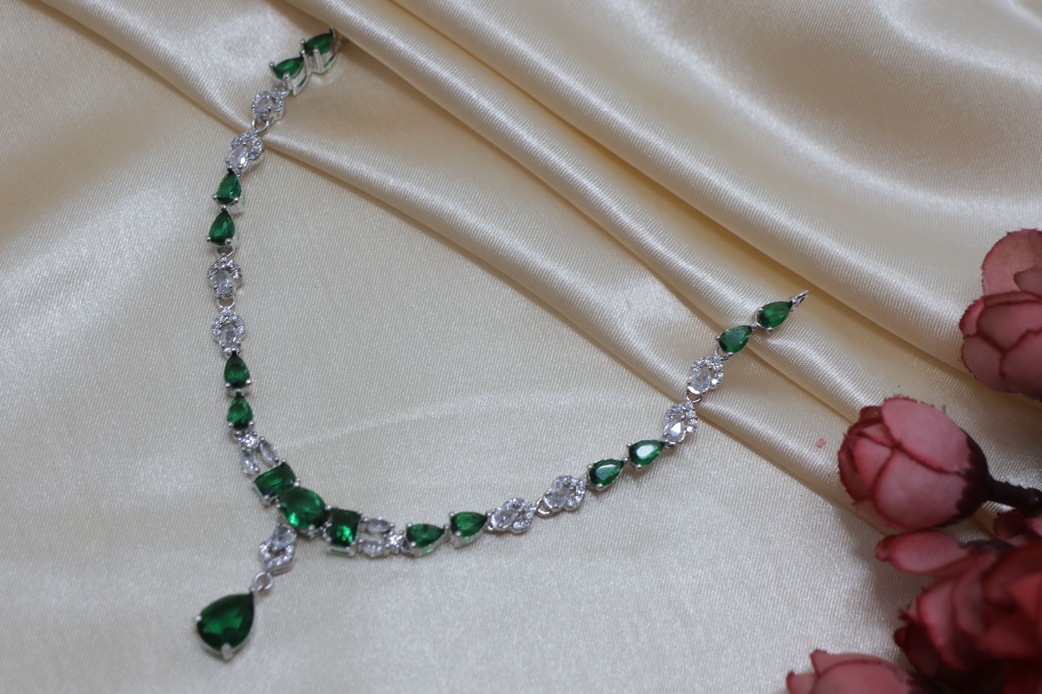 Emerald Green & White Stone Rhodium Plated Necklace for Women