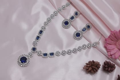 Silver-Toned Blue Stone Cubic Zirconia Necklace Earring Set