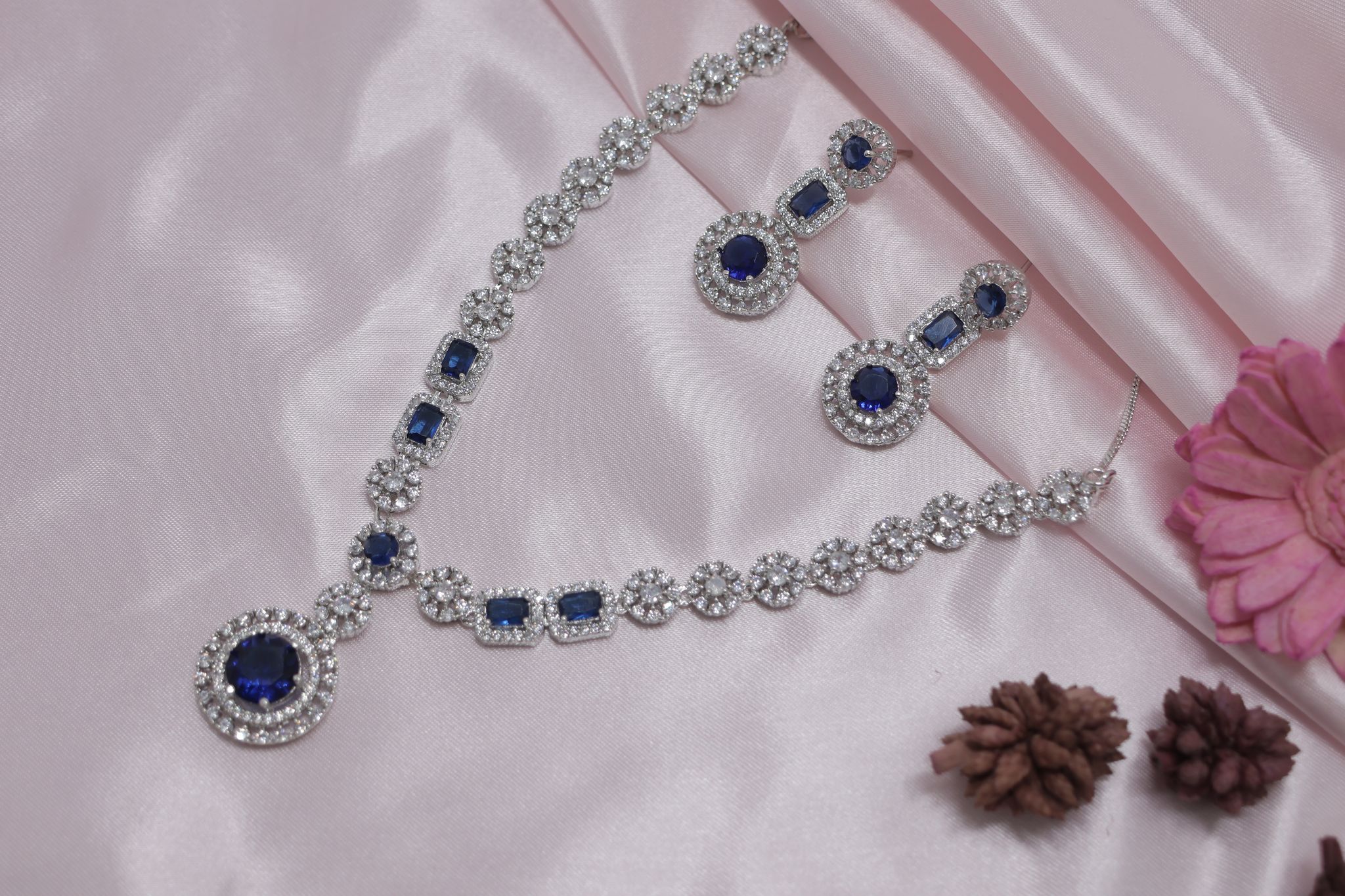 Silver-Toned Blue Stone Cubic Zirconia Necklace Earring Set