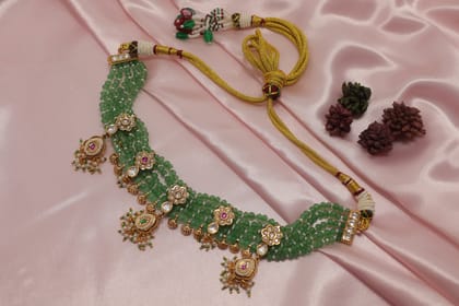 Traditional Green Beaded Gold Plated Choker Necklace for Women