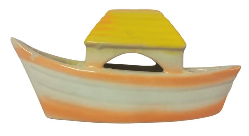 Charming Ceramic Boat Planter with Yellow Roof & Orange Stripes