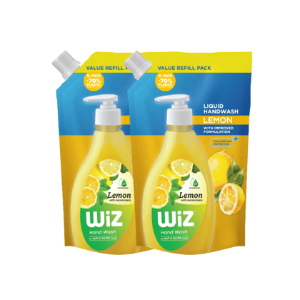 Wiz Lemon Hand Wash Refill Pouch - 1L (Pack of 2) | pH Balanced | 70% Less Plastic | Zesty Lemon Freshness | Germ Protection | Gentle & Moisturizing Formula Wiz Lemon Hand Wash Refill Pouch - 1L (Pack of 2) | pH Balanced | 70% Less Plastic | Zesty Lemon Freshness | Germ Protection | Gentle & Moisturizing Formula