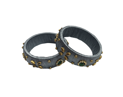 Grey Silk Thread Bangles with Gold Embellishments & Green Crystals Grey Silk Thread Bangles with Gold Embellishments & Green Crystals