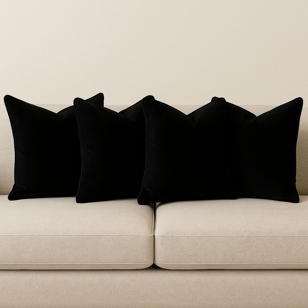 Set of 4 Luxurious Black Velvet Throw Pillows, 45x45 cm