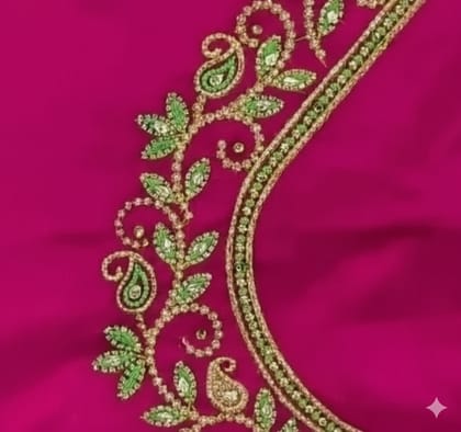 Dark Pink Fabric with Golden & Green Embroidered Floral Paisley Design