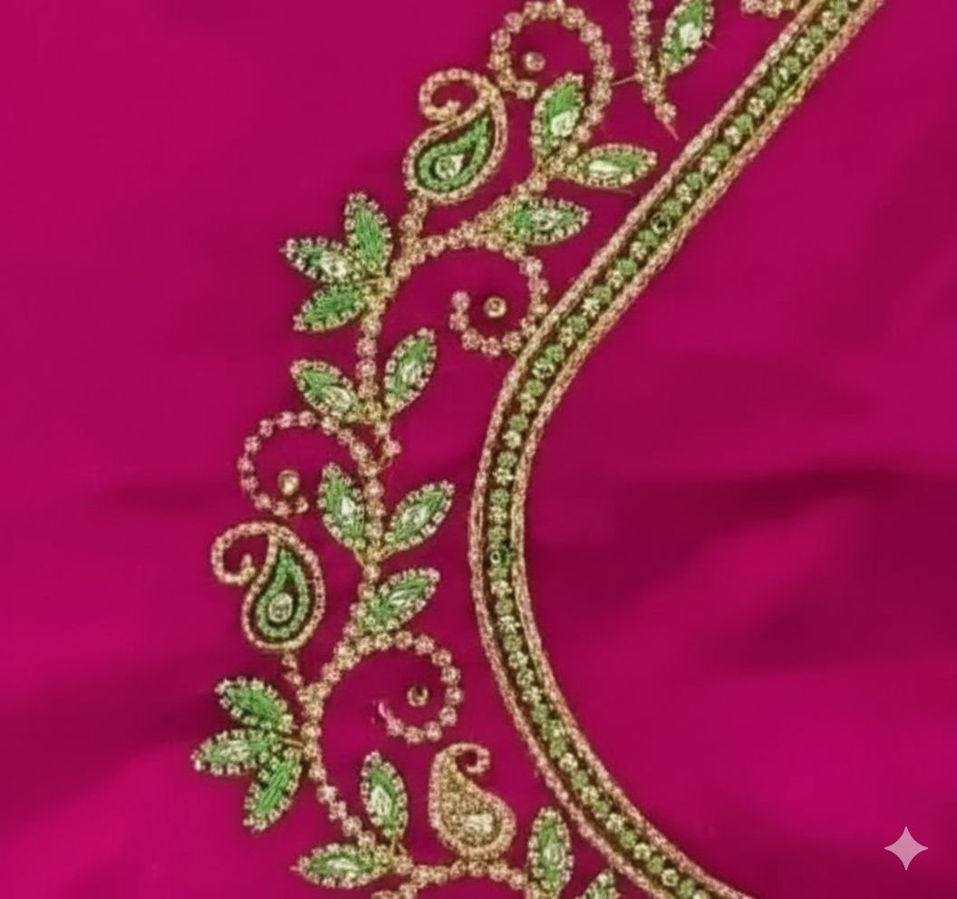 Dark Pink Fabric with Golden & Green Embroidered Floral Paisley Design