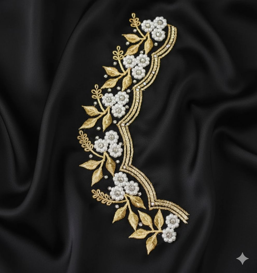 Black Satin Fabric with Gold & White Floral Pearl Embroidery