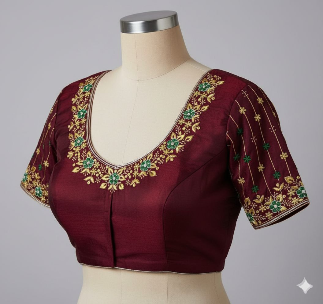 Maroon Silk Embroidered Blouse with Golden and Green Floral Patterns