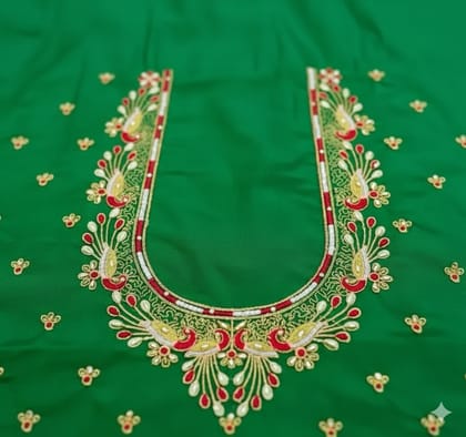 Green Silk Embroidered Blouse Material with Peacock Motif