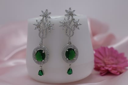Rhodium Plated Green Stone Floral Dangle Earrings with Cubic Zirconia