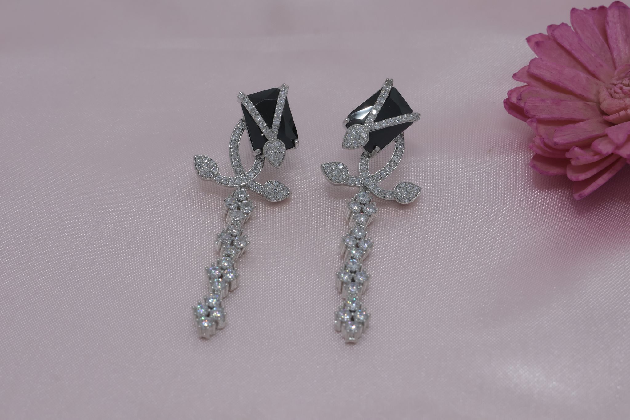 Elegant Silver-Plated Black Stone & CZ Dangle Earrings