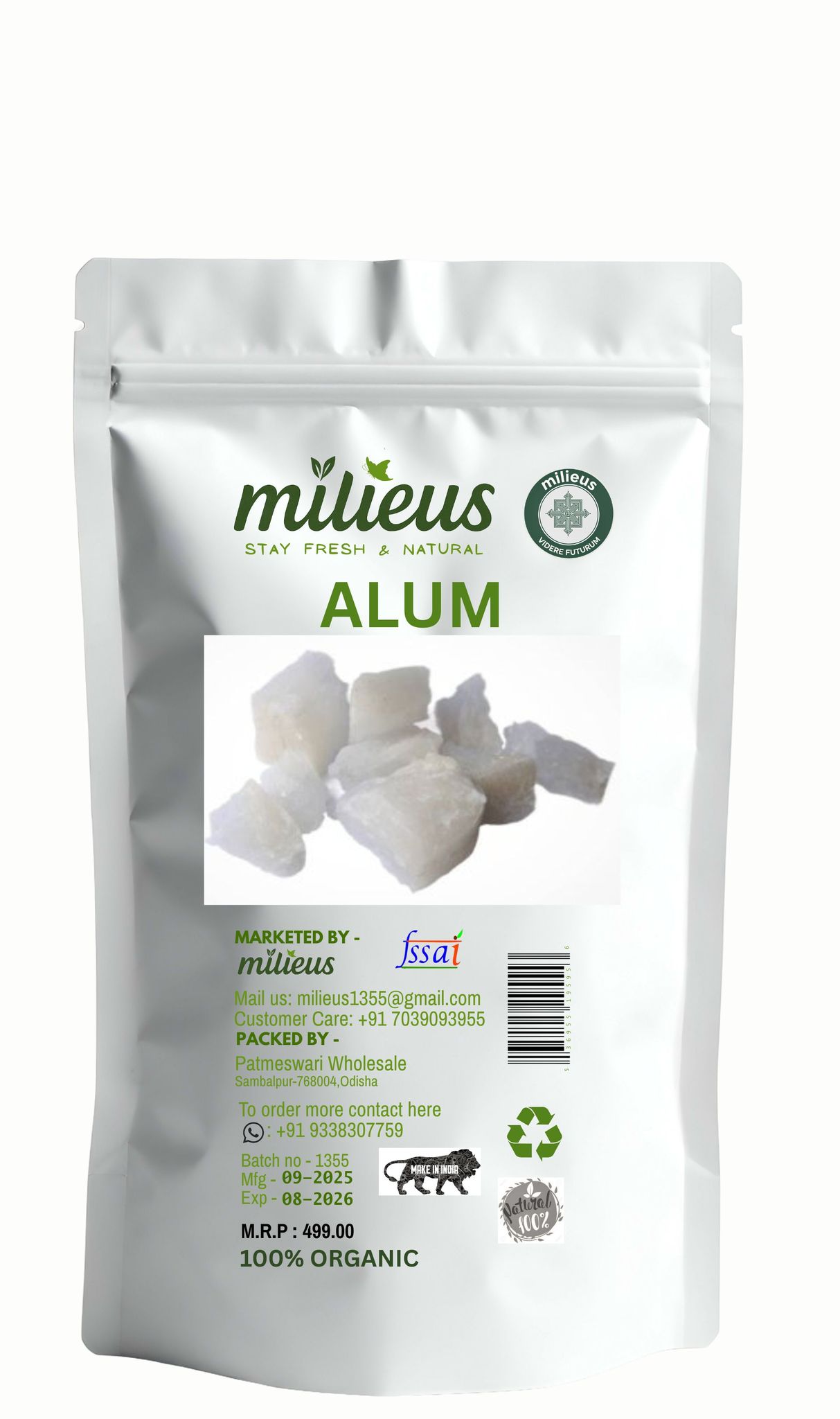 Milieus Pure Organic 100% Alum Stone 200GM |Fitkari Stone for Skin Tightening, Water Purification, Shaving & Teeth Care | Premium White Crystals Fitkiri Alum | Gentle & Effectiv