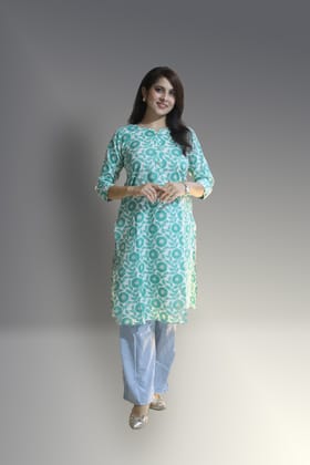 Women's Pure Cotton Straight White& Sea Green Embellished Kurta Women's Pure Cotton Straight White& Sea Green Embellished Kurta