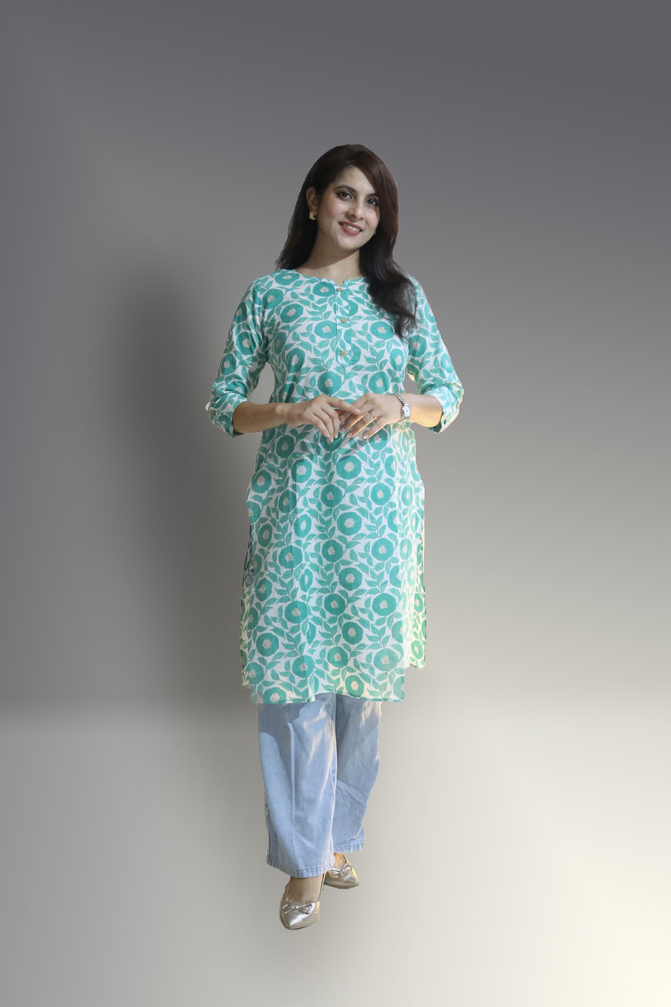 Women's Pure Cotton Straight White& Sea Green Embellished Kurta