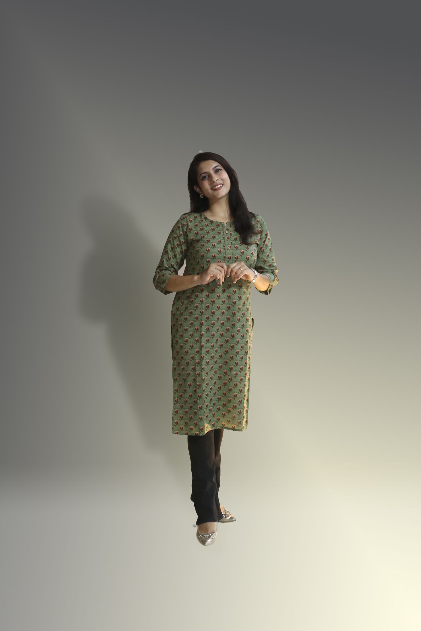 Women's pure cotton straight Olive Green with Multi color Embellished kurta
