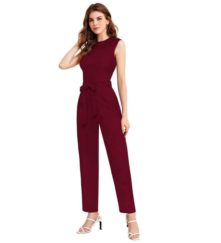 Women's Knitting Stretchable Solid Round Neck Sleeveless Jumpsuit (Maroon, M)-PID56797