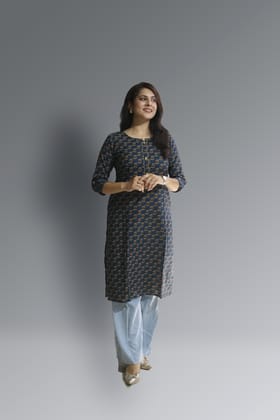 Women's pure cotton straight Blue with Multi color Embellished kurta