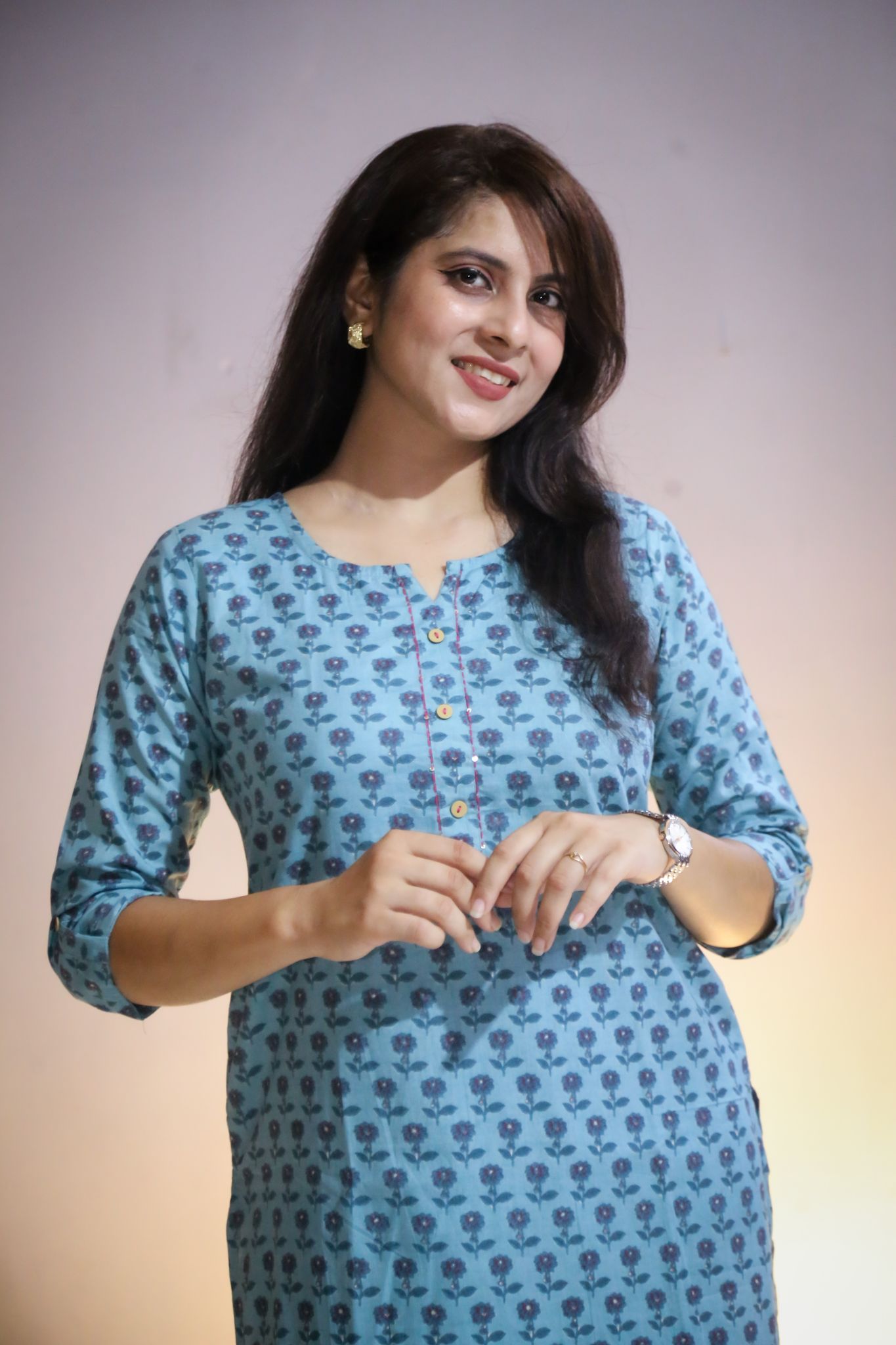 Women's pure cotton Light Blue with Multi color Embellished kurta