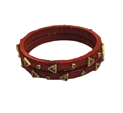 Exquisite Maroon Silk Thread Bangles with Golden Triangular Embellishments for Women
