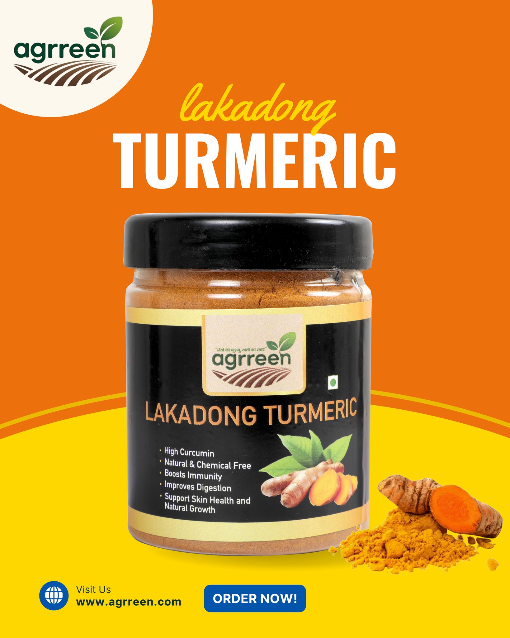 Agrreen Premium Lakadong Turmeric Powder - High Curcumin, Natural & Chemical Free
