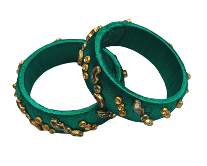 Emerald Green Silk Thread Bangles with Golden Kundan Work (Set of 2) Emerald Green Silk Thread Bangles with Golden Kundan Work (Set of 2)