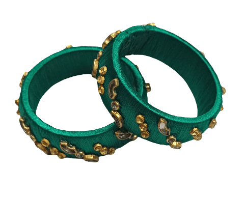 Emerald Green Silk Thread Bangles with Golden Kundan Work (Set of 2)
