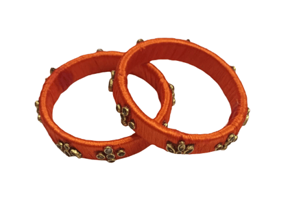 Elegant Orange Thread Bangles with Golden Embellishments