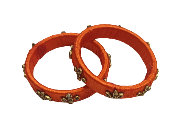 Elegant Orange Thread Bangles with Golden Embellishments