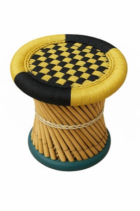 Handmade Wooden Stool with Woven Yellow & Black Top Handmade Wooden Stool with Woven Yellow & Black Top