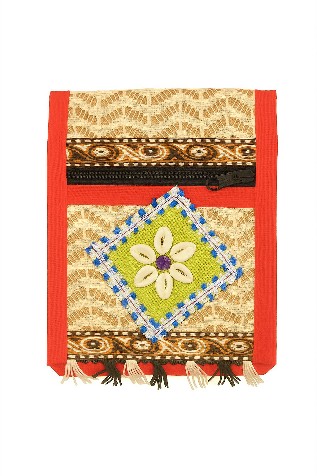 Handcrafted Lace Jute Pouch with Red Border and Tassel Detailing