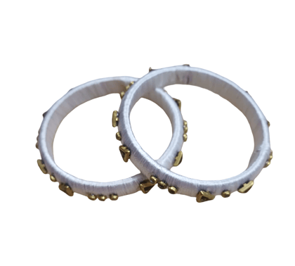 Elegant White Thread Bangles with Gold-Toned Embellishments