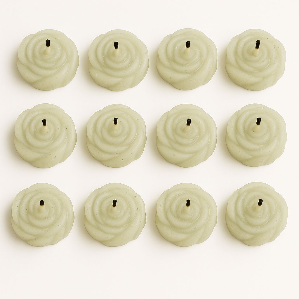 Set of 12 Rose-Shaped Light Green Floating Candles for Home Decor