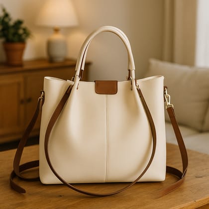 Elegant Beige Faux Leather Women's Handbag with Brown Straps Elegant Beige Faux Leather Women's Handbag with Brown Straps