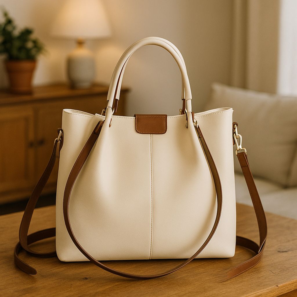 Elegant Beige Faux Leather Women's Handbag with Brown Straps